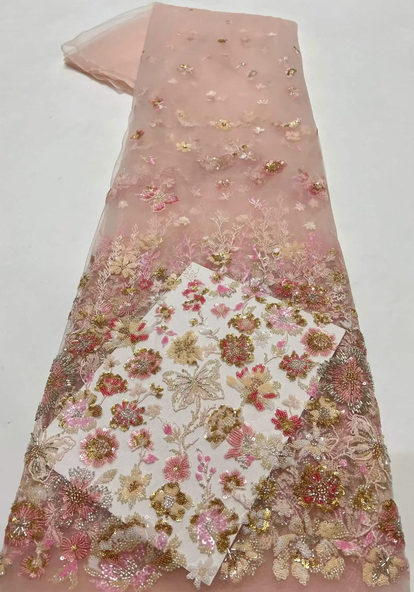 

Luxury African Sequins Beaded Lace Fabric 2026 High Quality 5 Yards Pink French Lace Fabric Nigerian Lace Fabrics Party Dress