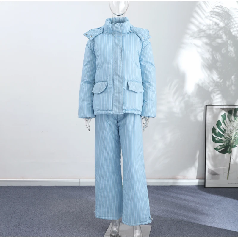 Elegant Printed Cotton Jacket Trouser Women's Set Hooded Thicken Zipper Coat Straight Pants Loose Lady 2026 Winter Autumn Suit