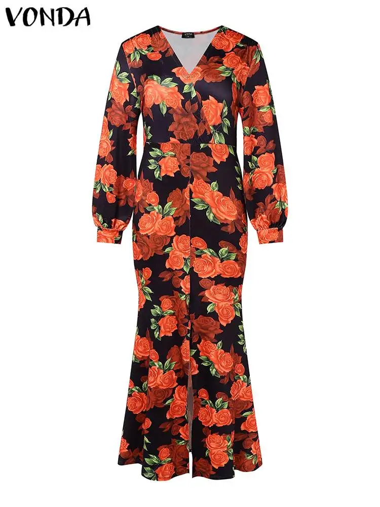 VONDA-Robe bohème à col en V profond pour femmes, robe sexy à manches longues, imprimé floral, haute fente, style européen éducatif, 2024