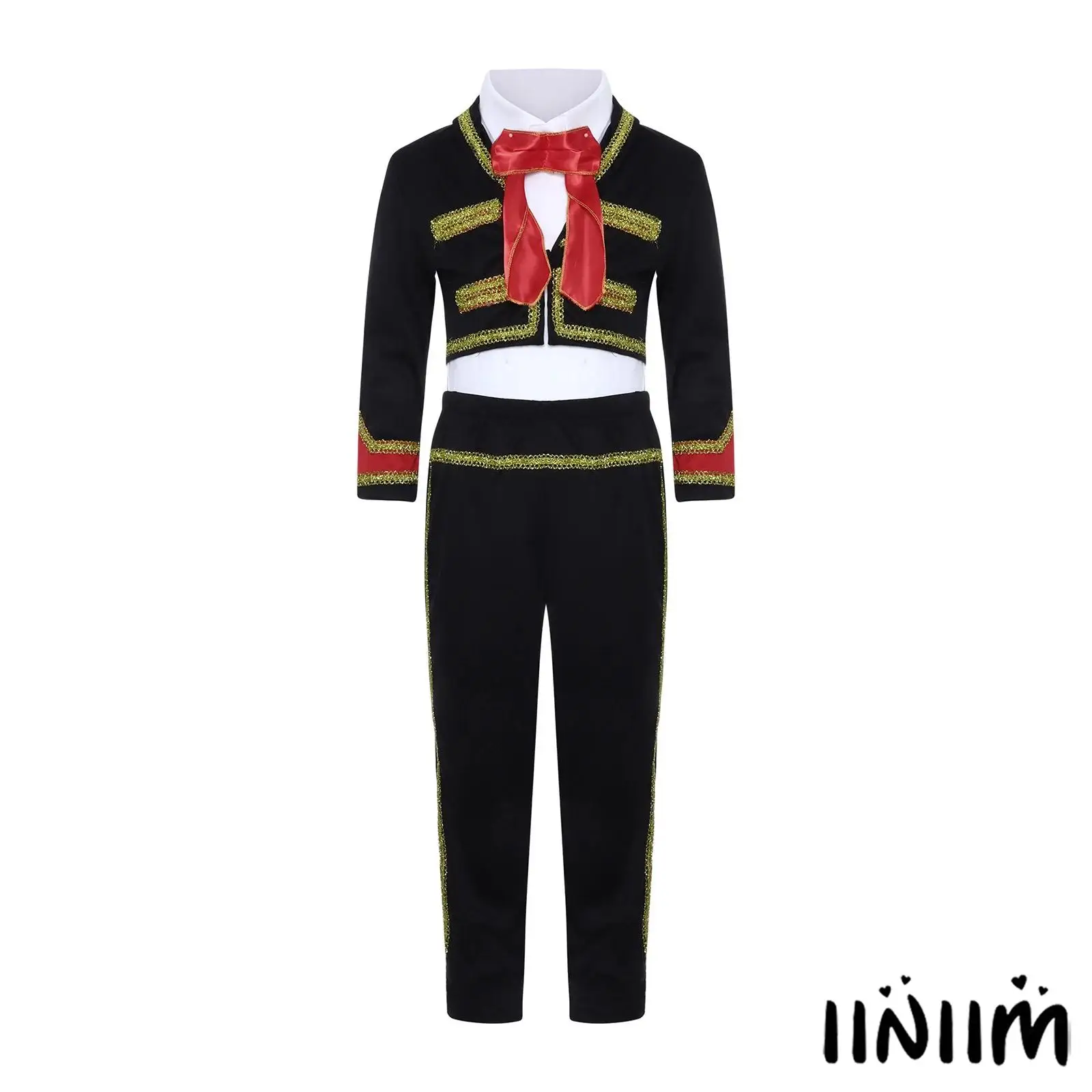 

Kids Boys Mexican Prince Attire V-Neck Jacket Pants Belt Gold Braid Accents Detachable Collar for Halloween Masquerade Dress Up