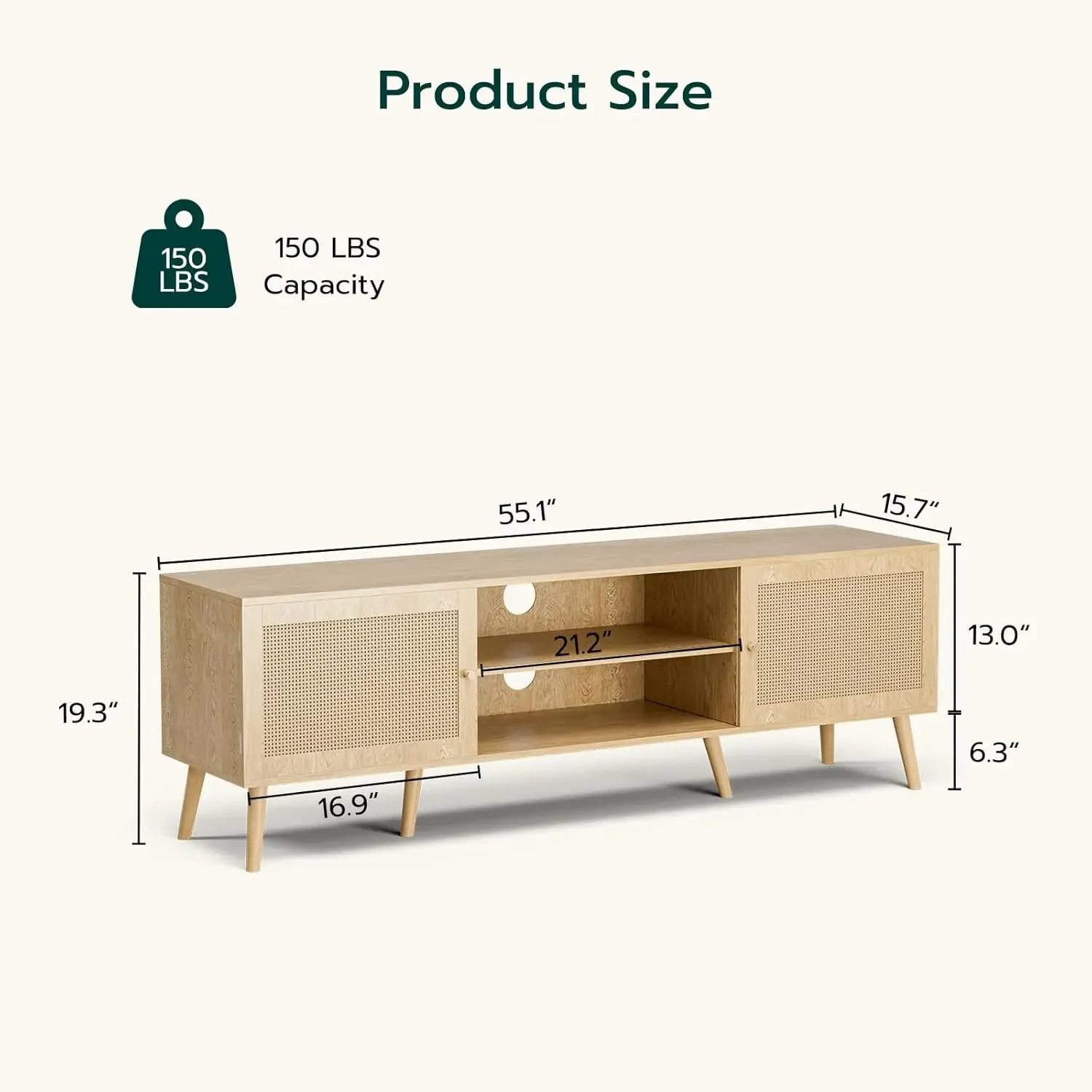 TV Stand for TVs up to 65'', Entertainment Center with Rattan Door, Shelves & 2 Cabinets, Long Media TV Console for Living