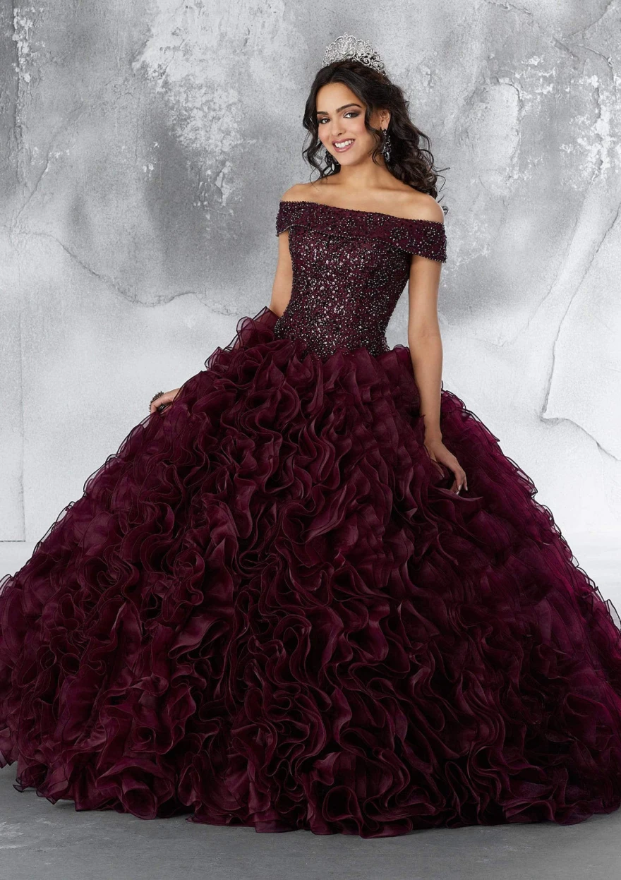 Lorencia Elegant Dark Red Quinceanera Dress 2024 Off Shoulder Beaded Ruffles Sweet 16 Princess Vestido De 15 Quinceañeras YQD108