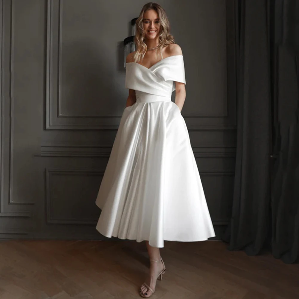 Robe de Mariée en Satin à Plis A-ligne, Vêtement Mi-mollet à Lacets, avec Poche, Sexy au Dos, Personnalisé, pour Patients Civiles