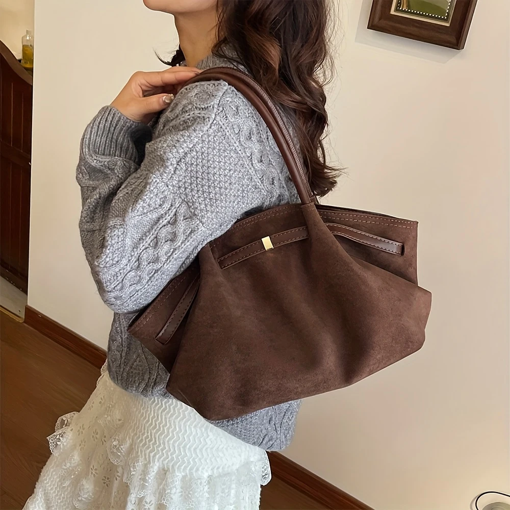 

Винтажная сумка-тоут из искусственной замши с ремешком, вместительная мягкая сумка через плечо для ежедневных поездок и повседневных прогулок