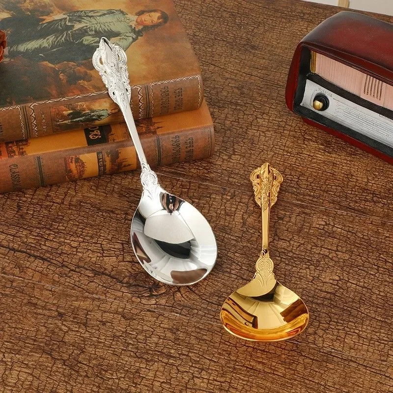 European style palace alloy relief tableware with three-dimensional patterns, large spoon for household solid gold-plated spoon