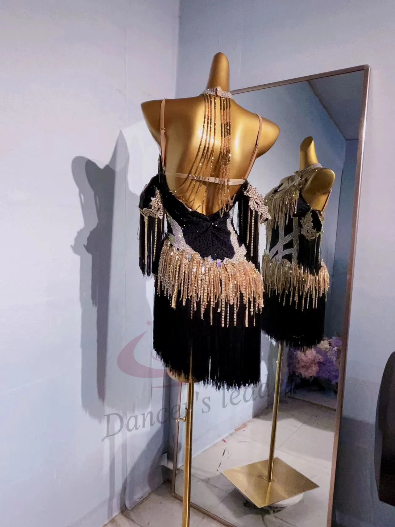 Latin Dance Costume International Stage Competition Uniform Black and White Gold Belt Diamond Samba Style Standard Dress