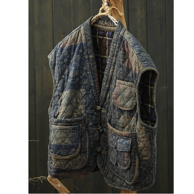 

2025 New Arrival Winter Women Vest Loose Casual Print V-neck Sleeveless Single Breasted Pocket Patchwork Outerwear & Coats Q128