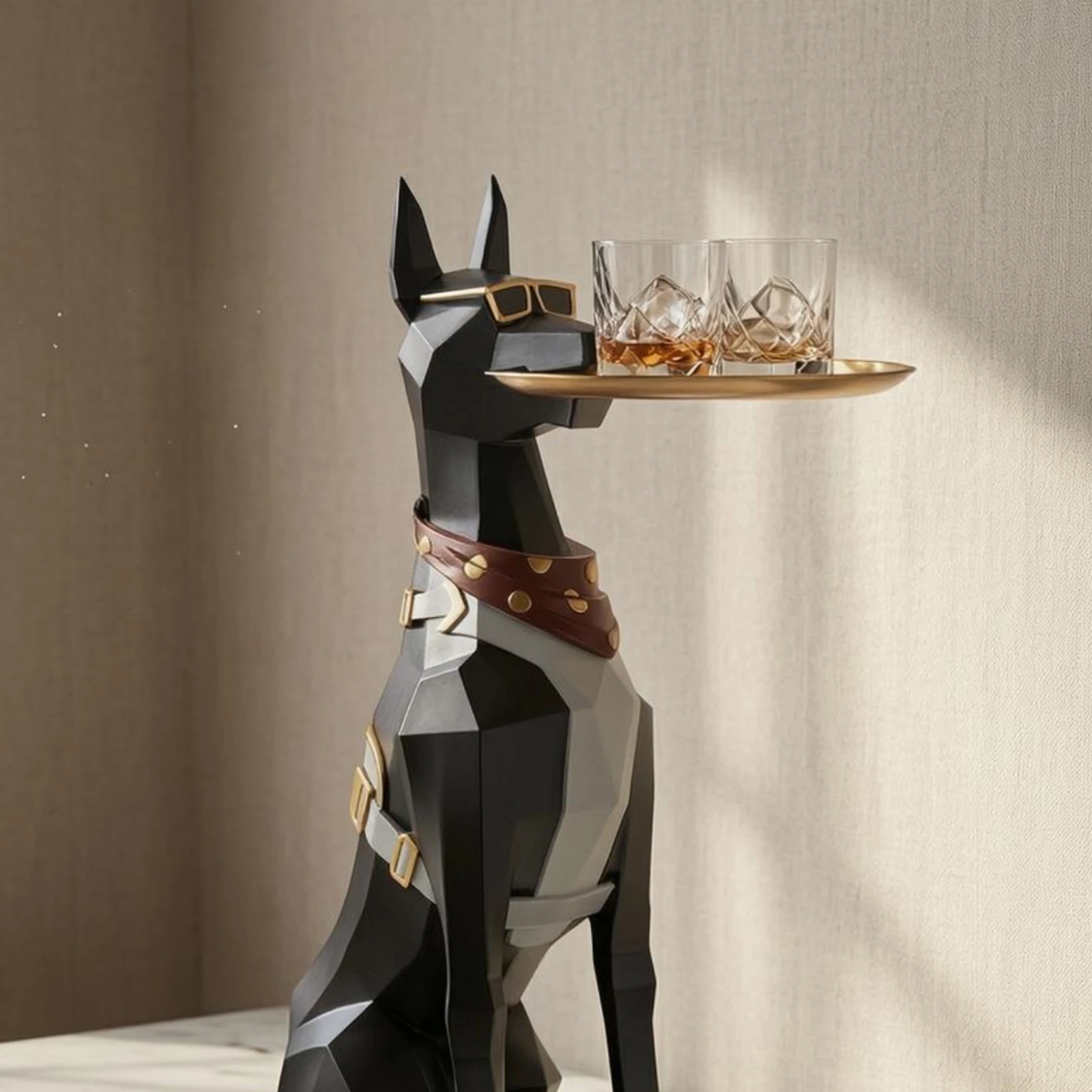 Doberman Statue Tray Easy to Clean Geometric Dog Sculpture Dog Tray Stand Water-Resistant Home Decor for Entryway, Display Area