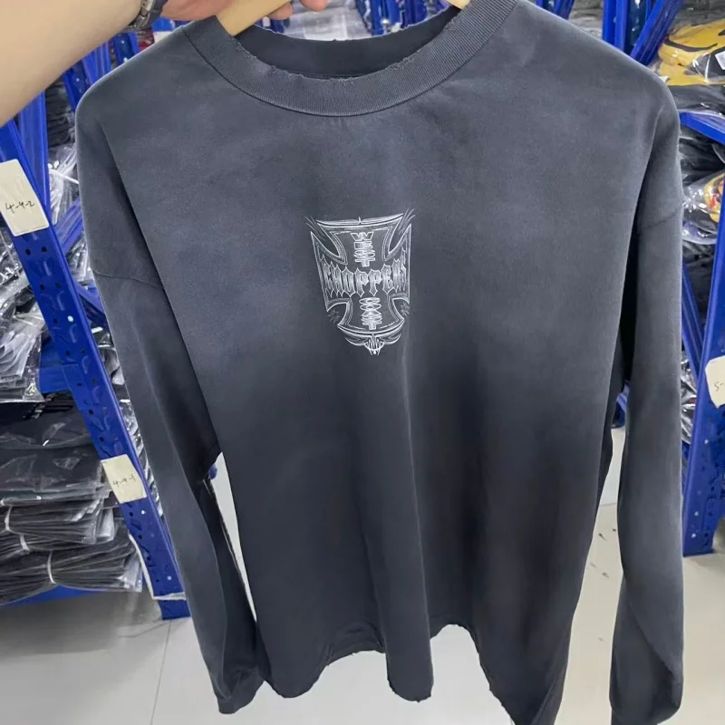 Men Vintage Washed Blue Iron Cross Long Sleeve T Shirt Oversized Biker Motorcycle Streetwear Tee
