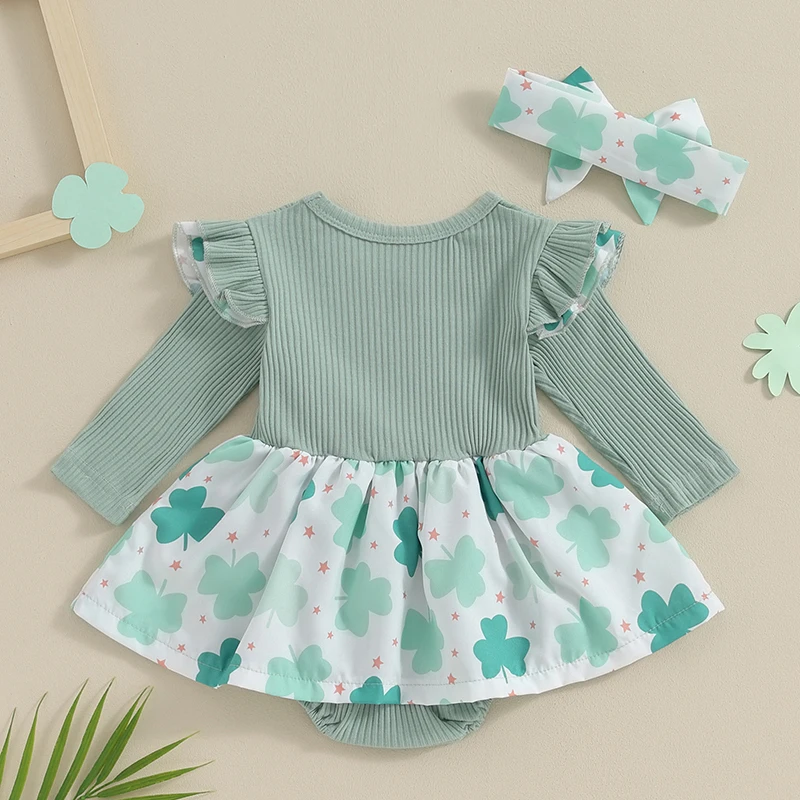 

Newborn Baby Girls 1st ST Patrick s Day Outfit Long Sleeve Romper Dress with Headband Irish Day clothes