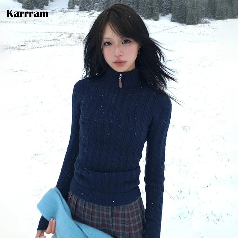 Karrram Japanese Y2k Slim Pullover Vintage Harajuku Navy Blue Sweater 2000s Style Knitted Tops Korean Fashion Knitwear Elegant