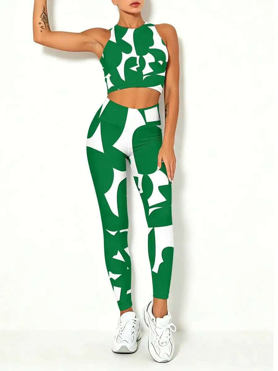 

Green White Abstract Print 2 Piece Sport Set Women Tank Top And Yoga Pants High Elasticity Stretch Fitness Gym Leggings