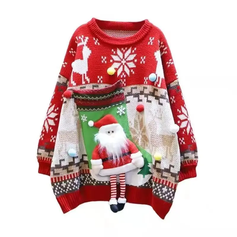 

Christmas Red Three-dimensional Cartoon Decorative Knitted Sweater Women's Lazy Style Loose Foreign Round Neck Pullover Outside