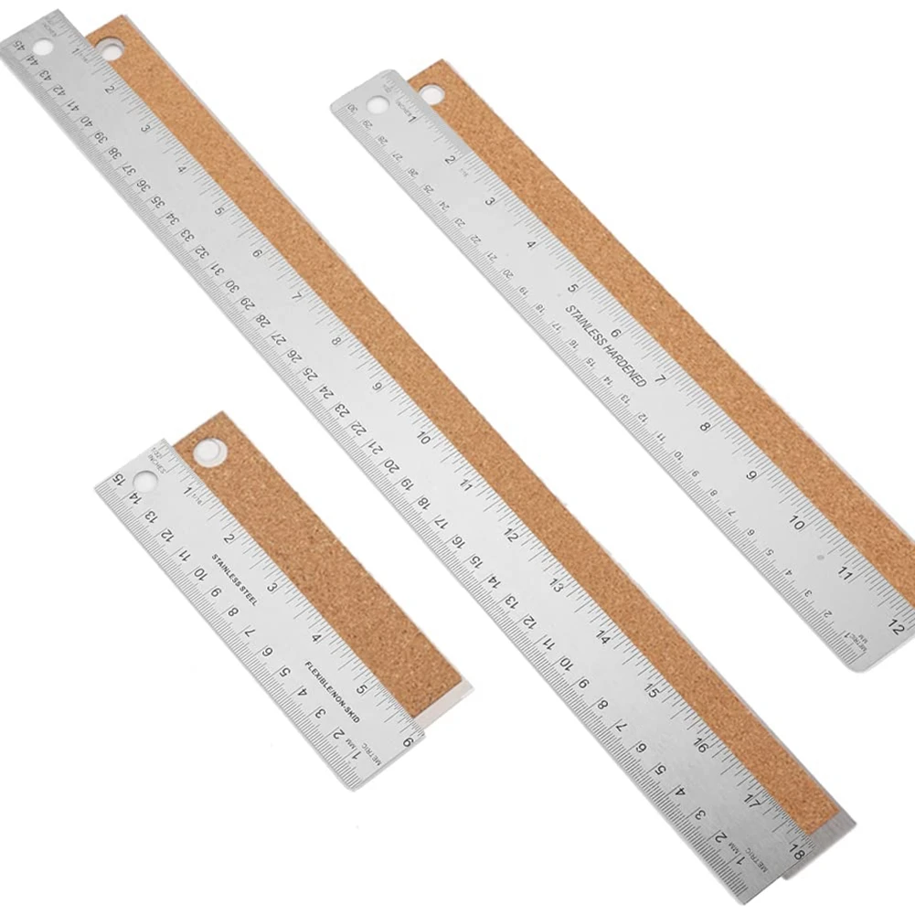 Metal Ruler with Cork Backing 6/12/18 Inch Ruler Set with Inch and cm Drafting Tools for Precise Measurement Purposes