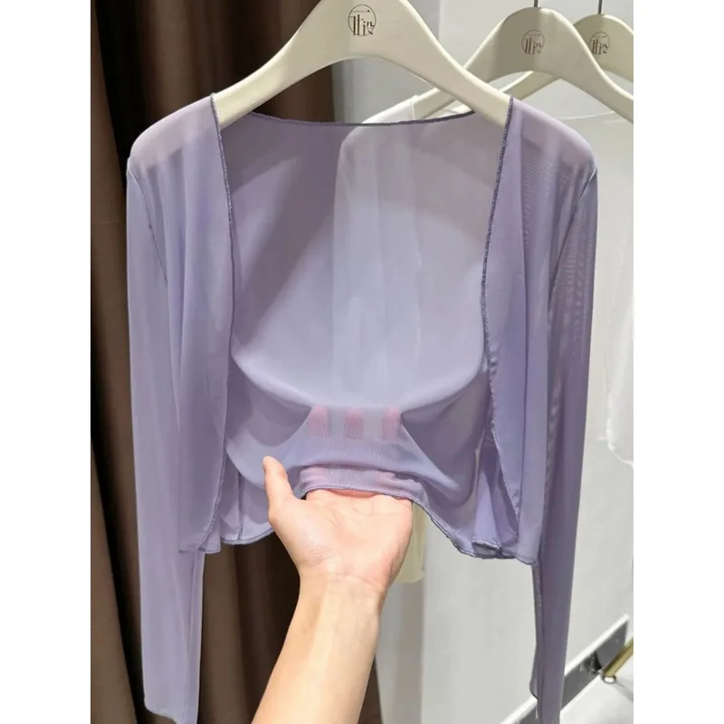 

Женский укороченный кардиган из прозрачного шифона с длинными рукавами, на открытом вороте, легкий, летний, в стиле шаль