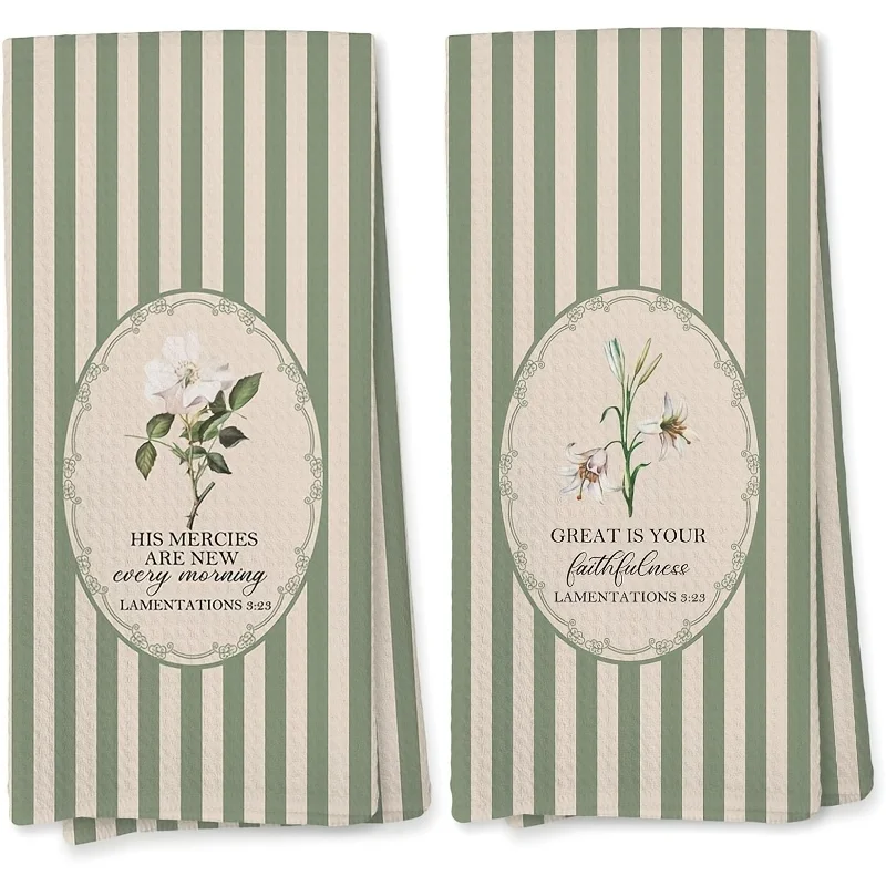 2-Pack Green Striped Flower Bible Kitchen Towel, Christian Faith Theme Gift