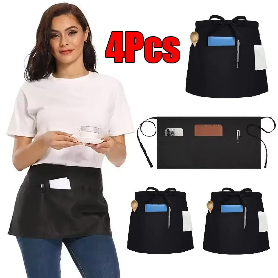 

4 шт. черный короткий фартук для бара, кафе, красоты, студии ногтей, униформа для ресторанов, кофейни, кухни и другие мультисцены