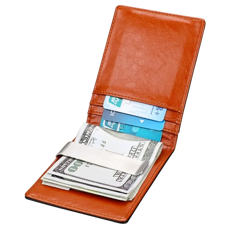 RFID Blocking Genuine Leather Men's Money Clip Wallet Credit Card Case Metal Bill Clamp Cash Holder Purse for Male