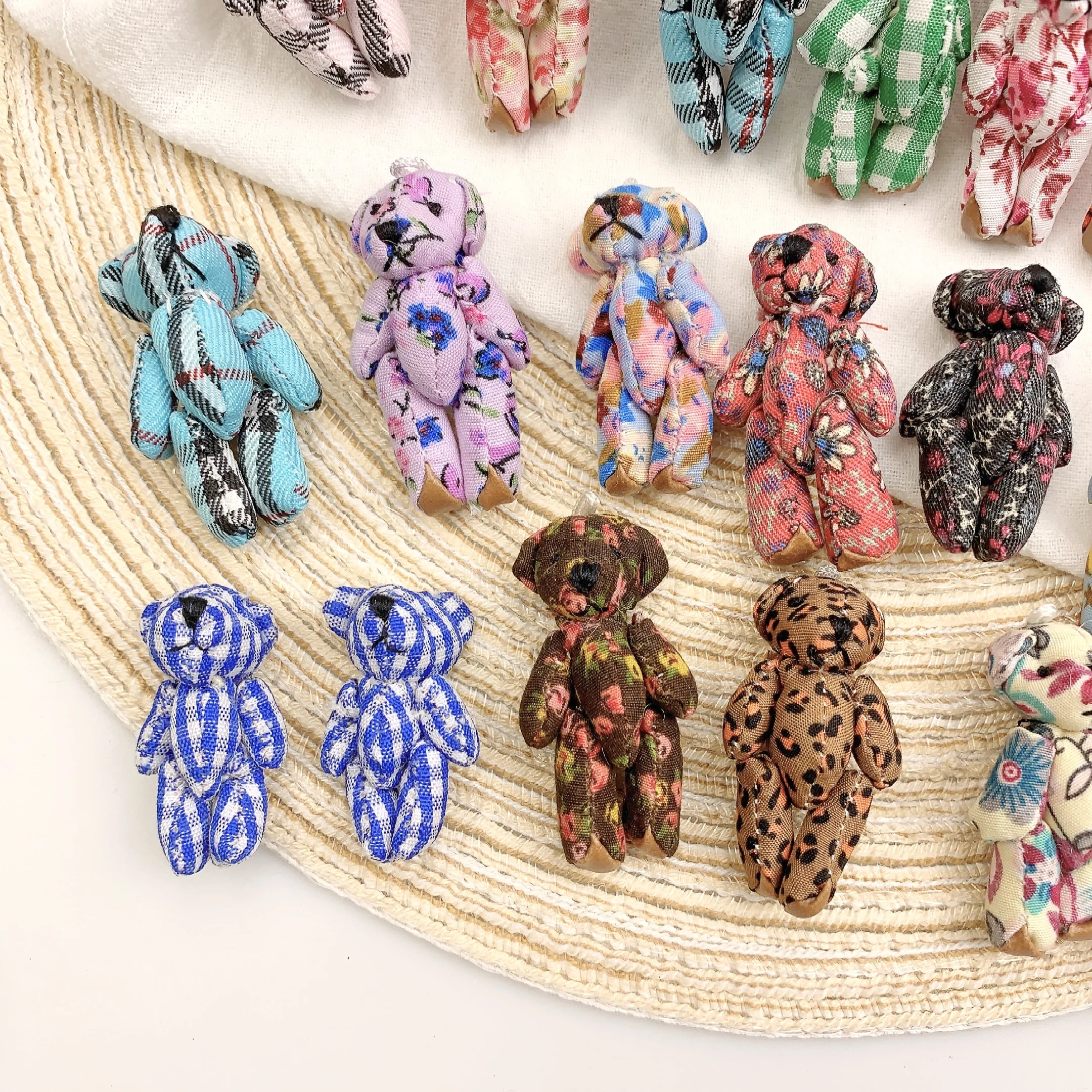 10pcs Mini Joint Bears Plush Toy 4.5cm/3.5cm Cute Floral Plaid Bear Stuffed Plush Doll Girl DIY Keychain Bag Pendant Accessories