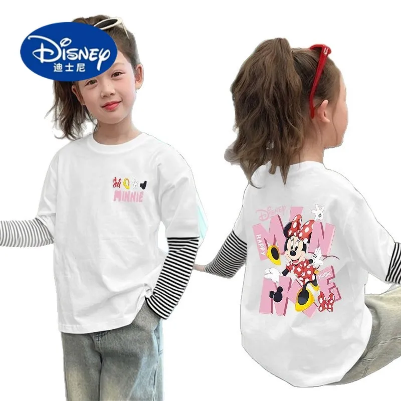 Disney 2025 Kids' Layered Long Sleeve Tee - False Two-Piece Cotton Top, Korean Style Fall Fashion
