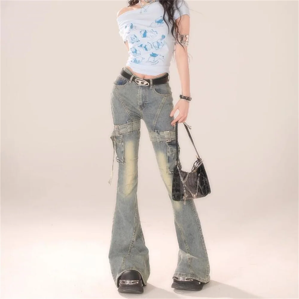 Tight Bodycon Bell Bottoms Casual Patchwork Vintage Korean Sexy Wide Leg Trousers Woman Wash Jeans Tie-dyed Denim Pants