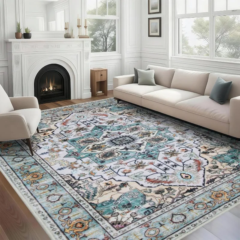 

Retro Living Room Carpet Geometric Floral Design Luxury Plush Bedroom Rugs Foldable Machine Washable Non-slip Cloackroom Mats 러그