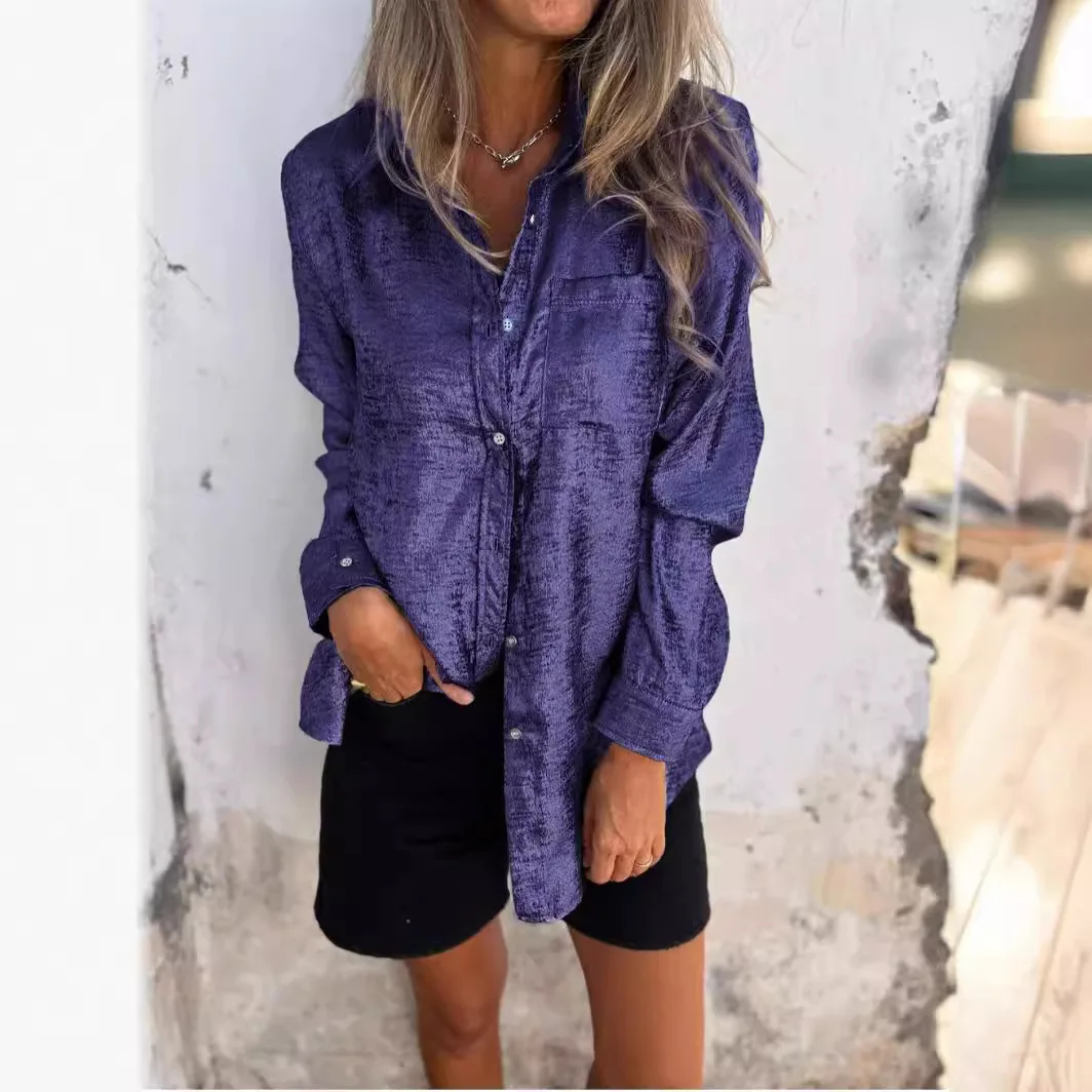 Autumn Women Shinny Golden Fashion Long Sleeved  Blouse Vintage  Elegant Single Breasted  Lapel Solid Loose Casual Lady Tops