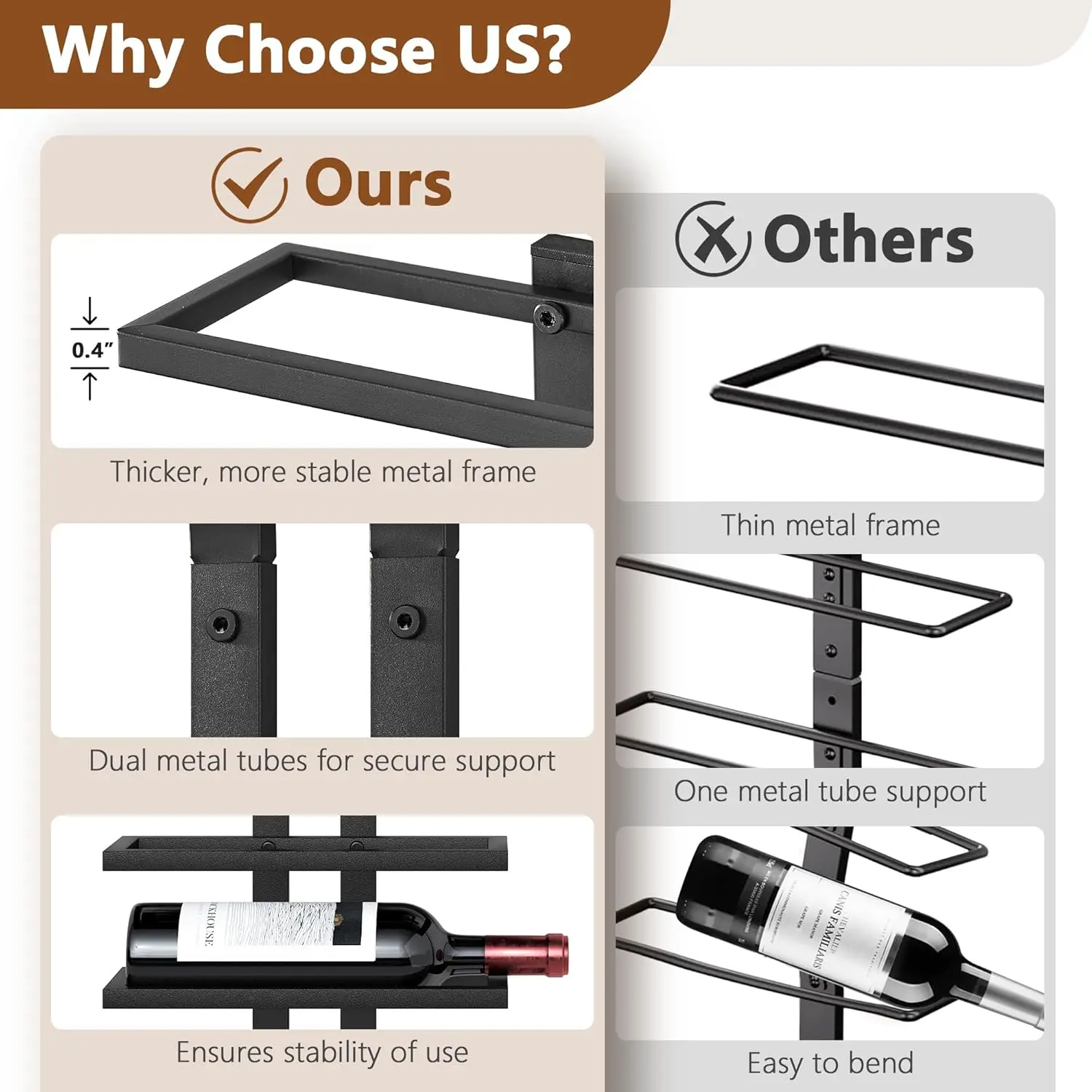 رف نبيذ مثبت على الحائط مكون من 8 طبقات (16 طبقات)، منظم زجاجات معلق لغرفة المعيشة وغرفة الطعام والبار، أسود