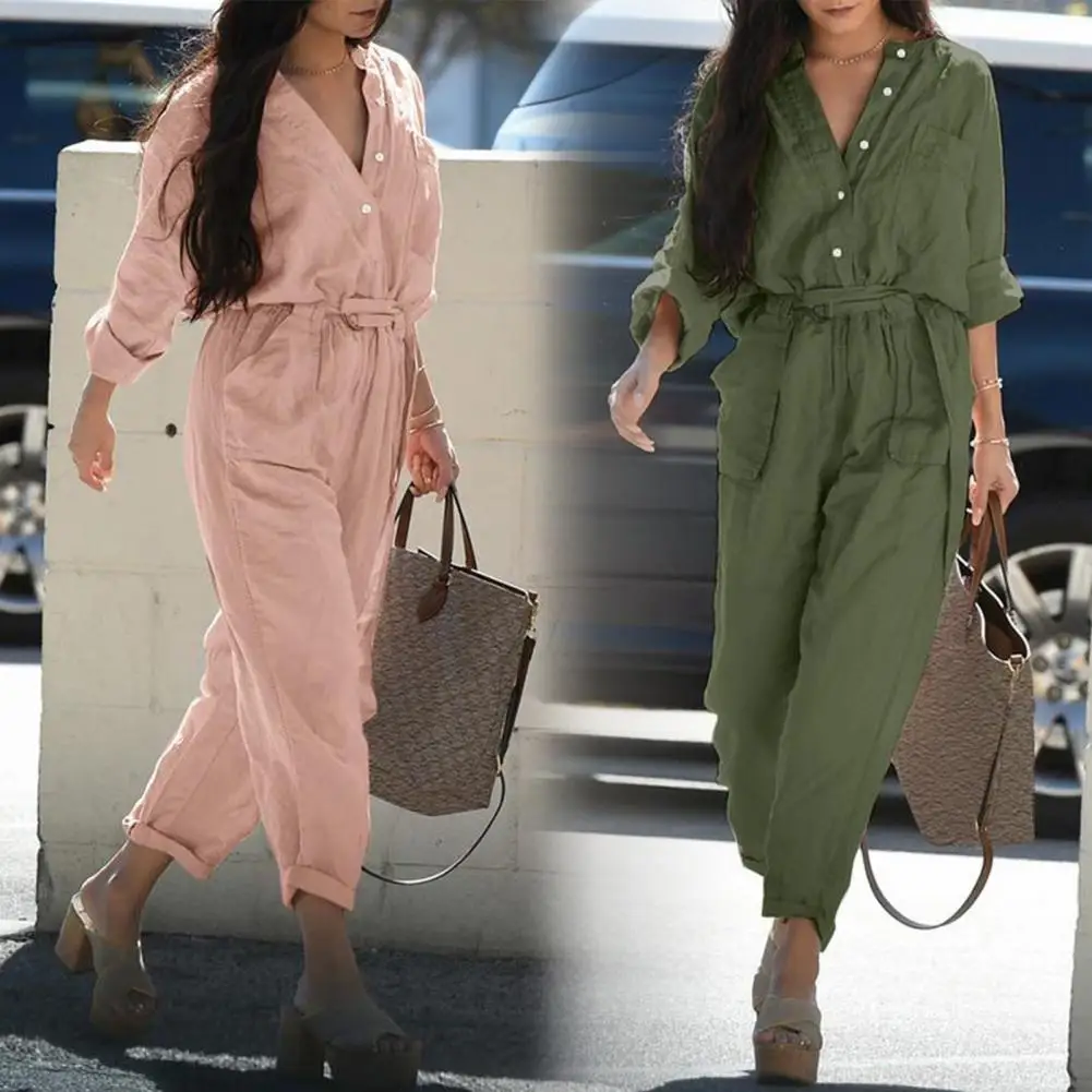 Jumpsuit wanita nyaman kasual Wanita Lengan 3/4 warna Solid kargo Jumpsuit longgar bernapas kargo Jumpsuit untuk santai