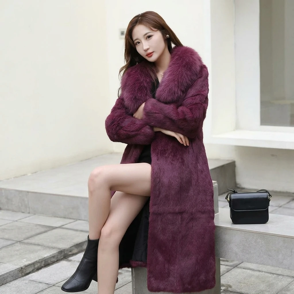 Qing Fox Fur Collar Rabbit Fur Long Coat Simple Commuting 2025 Fur One Body Slimming and Slimming Women's Large Size view 6
