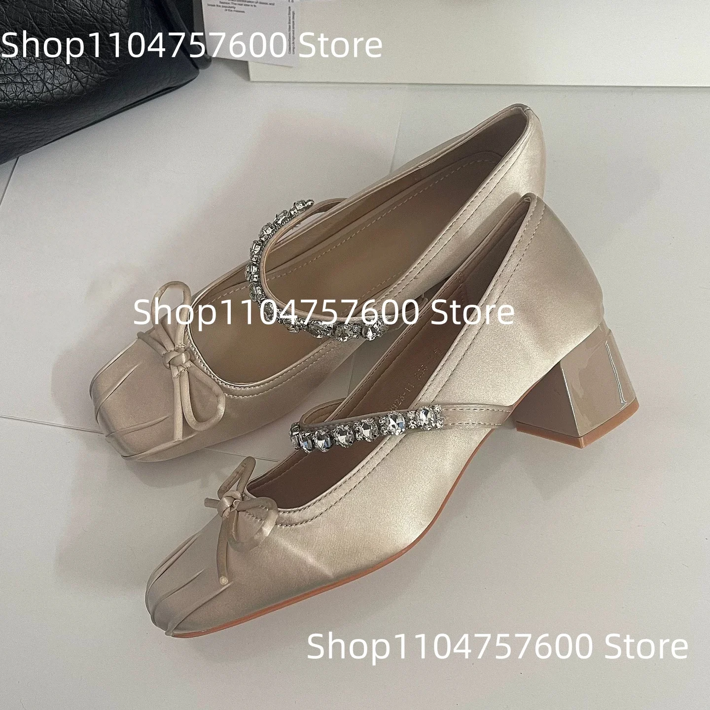 Women's Champagne Satin Bow Rhinestone Strap Square Toe Block Heel Mary Jane Pumps Elegant Vintage Luxurious Daily Single Shoes
