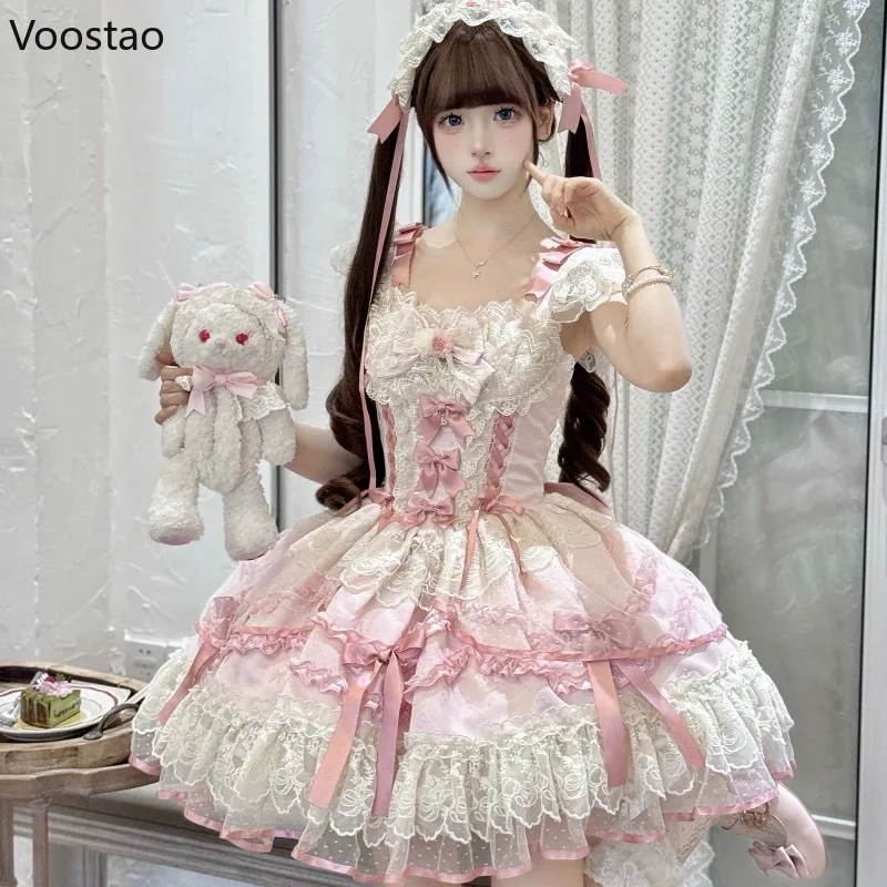 Japanese Kawaii Lolita Jsk Dress Sweet Women Y2k Bow Ribbon Lace