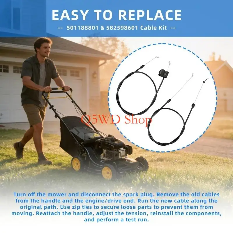 Q5WD Engine Control and Drive Cable Replacement Set for Listed Lawn Mower Models, 2 Piece Mower Cable with Approx. 100 Length