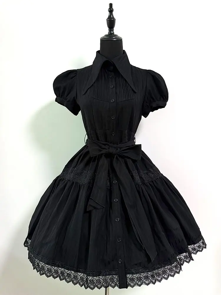 

Японское летнее платье в стиле Лолита, готическое, с темным бантом, отложным воротником, короткими рукавами, кружевными вставками, винтажное, для повседневной носки и вечеринок, фасон туту