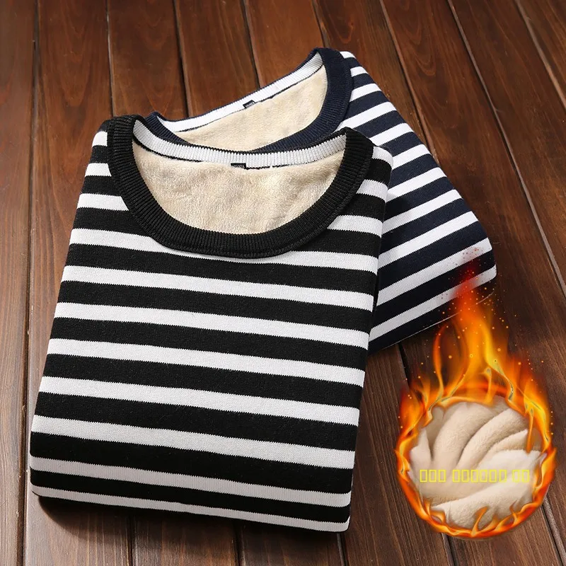 

Утепленный мужской свитер из чистого хлопка с длинным рукавом и круглым вырезом, вязаный, теплый, повседневный, модный, в полоску, молодежный стиль