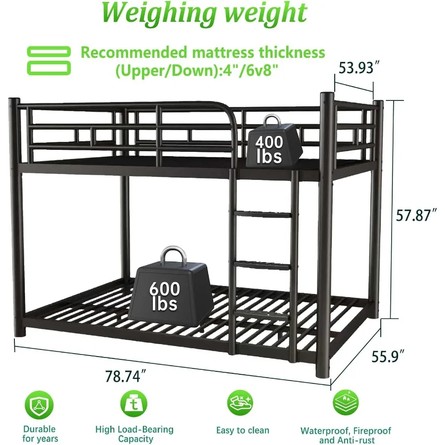 Metal Bunk Bed, Bunk Beds with Removable Wide Ladder and Full-Length Guardrails, Low Bunk Bed Frame with Mute Design for Undist