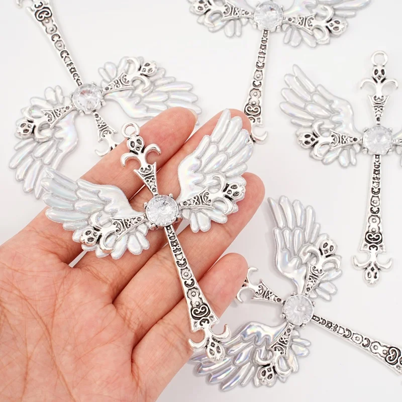 1Pc Y2K Rainbow White Angel Wing Cross Pendant with Transparent Water Diamond Alloy Pendant Jewelry Manufacturing Accessories