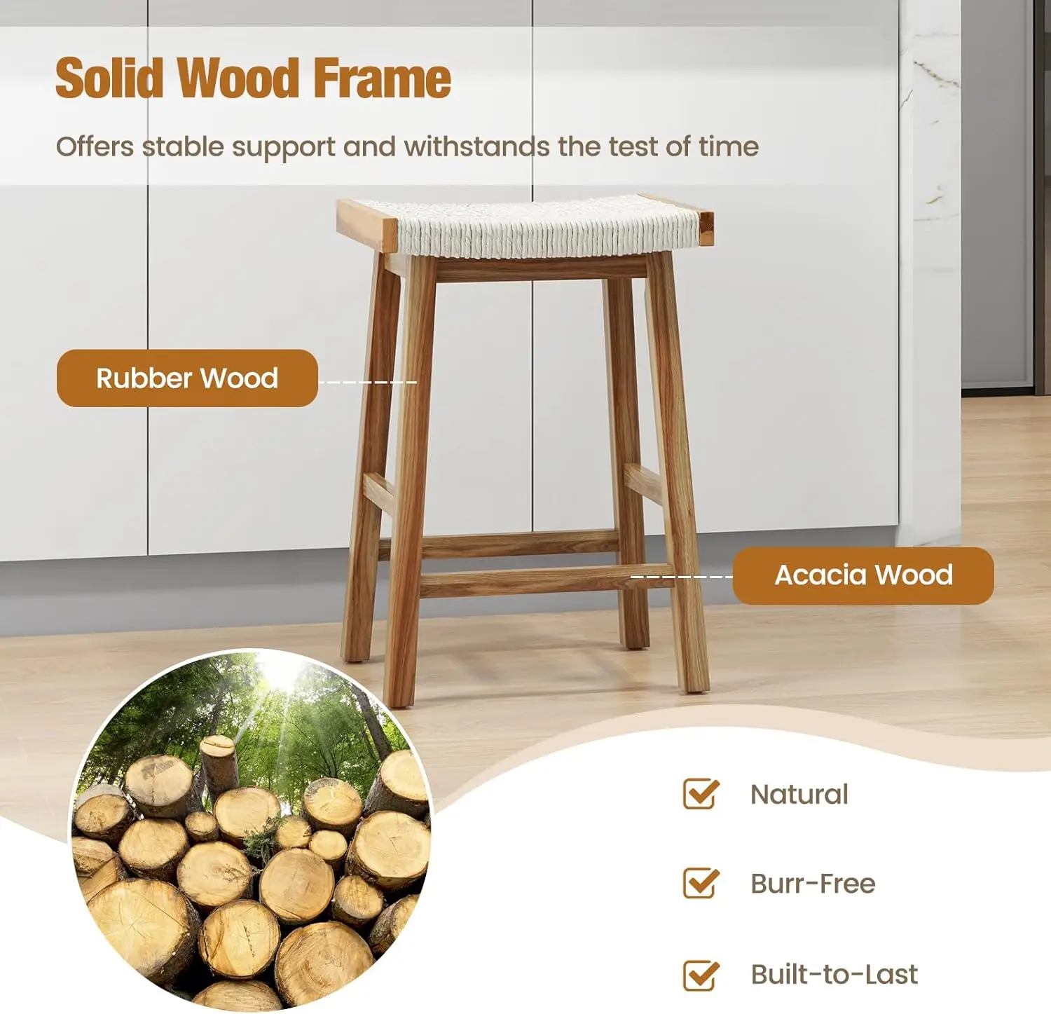 Costway-Jantar Saddle Stools Set, Contra Altura Cadeiras, Algas Seat Tecido, Borracha Madeira, Acácia Quadro de Madeira, 25,5 polegadas, Conjunto de 2