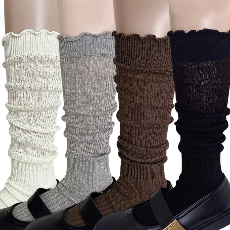 Hollow Wood Ear Edge Long Stockings for Women Lolita Autumn Breathable Mesh Thin Solid Color Long Loose Stacked Knee-socks Socks
