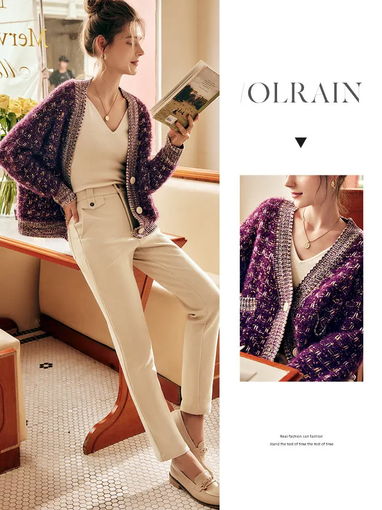 OLrain Women‘s Purple Knit Cardigan French 2025 Winter Oversized V-Neck Sweater Elegant Spliced Knitted Lady Jumpers O22DM66361