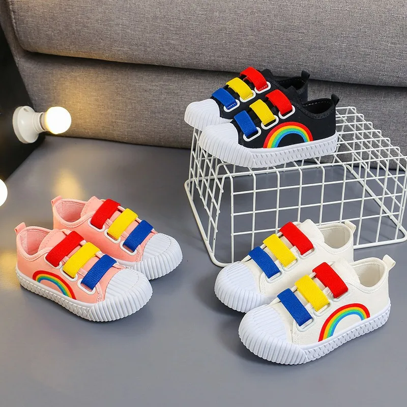 Kids Canvas Shoes Boy Girl Hook Loop Flat Rainbow Shoes Kids Sport Running Boys Spring Autumn Student Breathable Casual Shoes