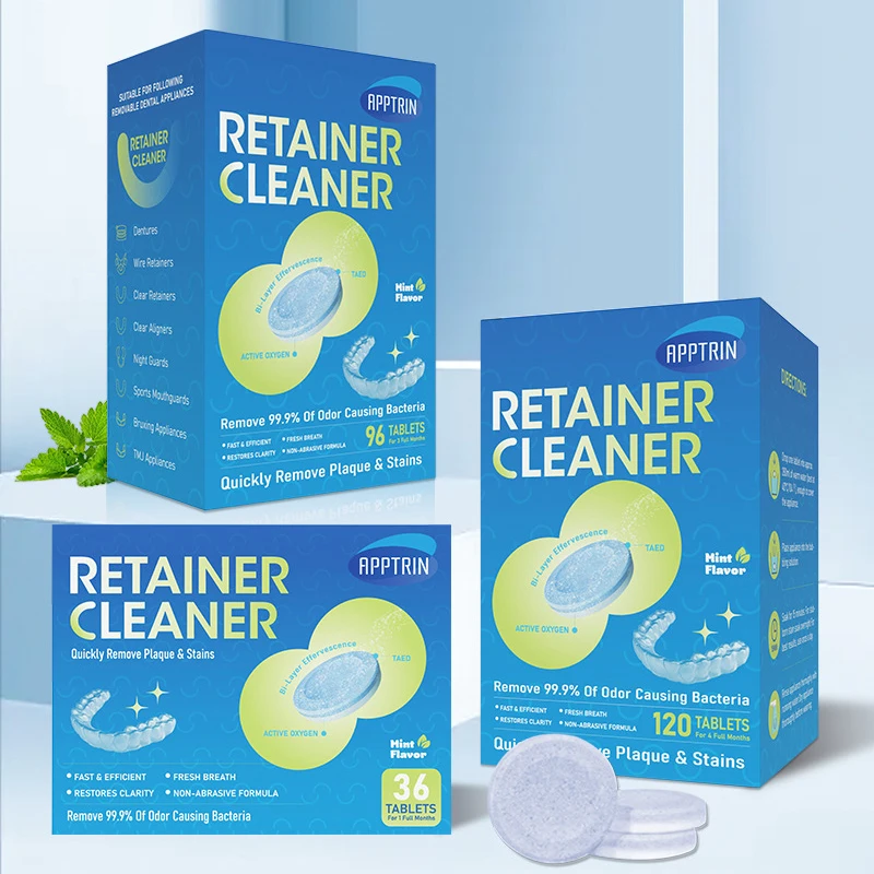 Comprimidos limpiadores de retenedores para el cuidado de la limpieza de la dentadura, tabletas efervescentes, retenedor voltado, tableta de limpieza con tapa para dientes