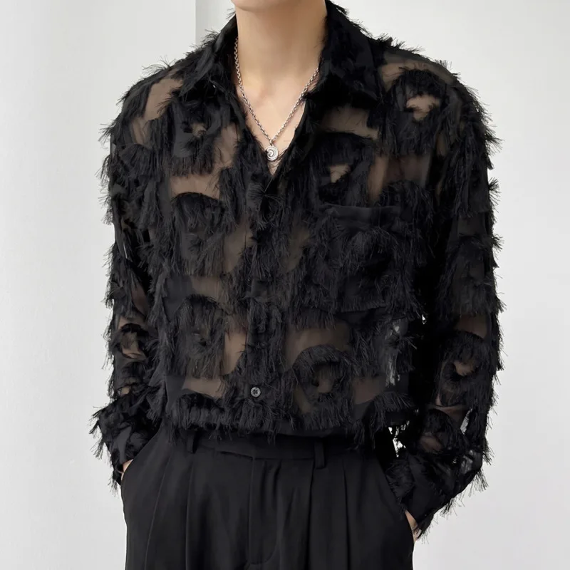 WVGA Spring Autumn New Men Breathable Lace See-Through Trendy Long Sleeved Shirts Niche Chic Casual Turn-Down Collar Tops W26542