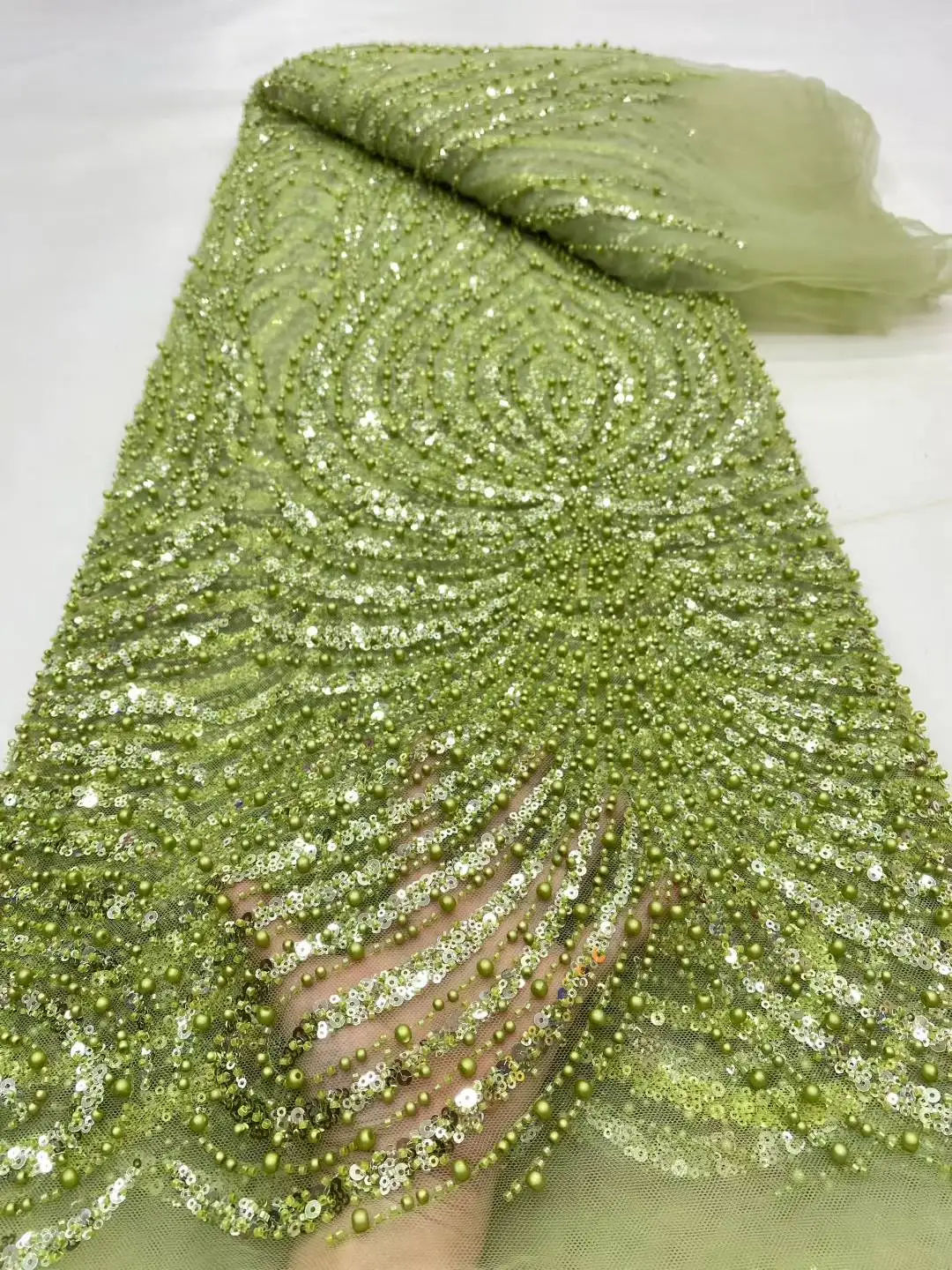 

African Beaded High Quality Nigerian Sequins With Pearl Lace French Tulle Lace Fabric For Party Dress Sewing