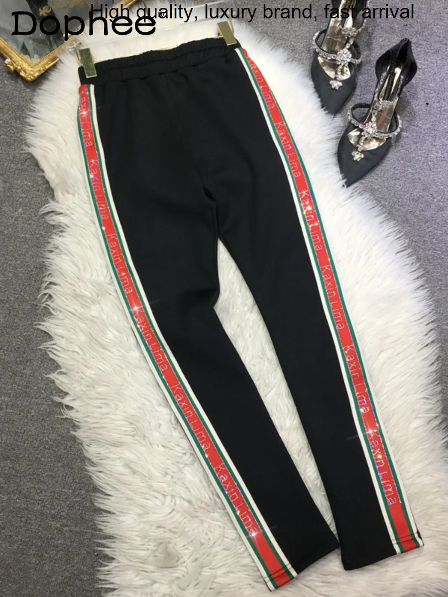 

Warm Leggings Velvet Women Heavy Hot Drilling Slim-Fit High Waist Casual 2023 Fall Winter Black Sweatpants Tappered Pants