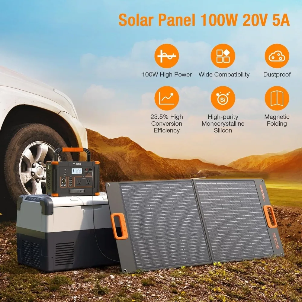 519Wh屋外ソーラー発電機、100Wポータブルソーラーパネル20V付き、ポータブル電源500W（ピーク1000W）バックアップバッテリーパック