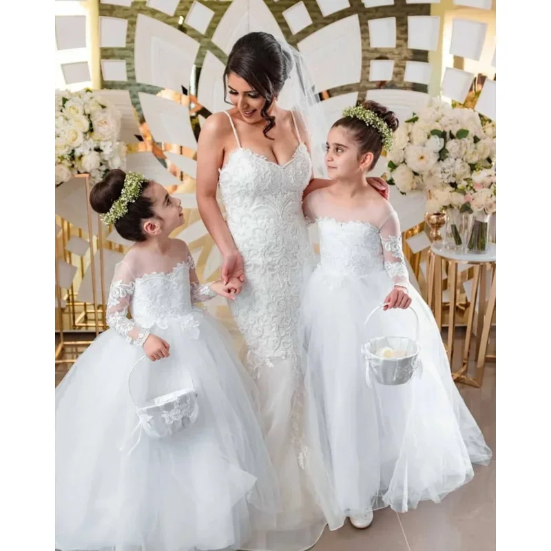 Babyonline long sleeve white ivory flower girl dresses for wedding guest child kids bridesmaid lace floral tulle skirt ball gown