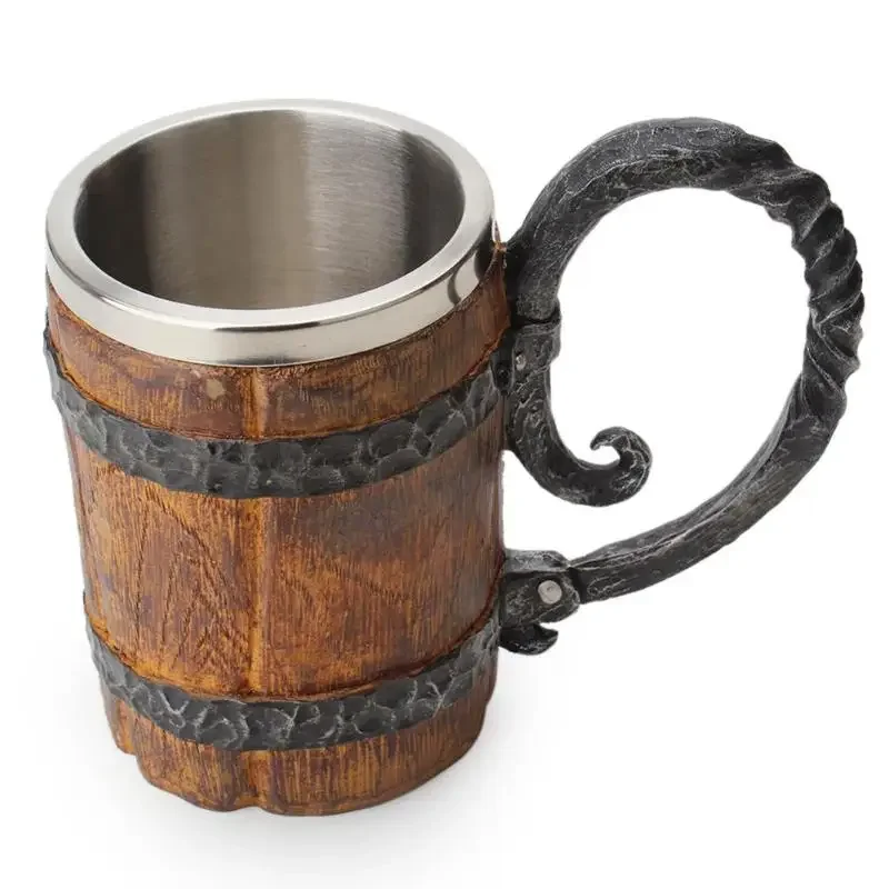 

Creative double-sided wall mug beverage simulation insulation wood metal barrel stainless steel wire cup Beer mug travel mug