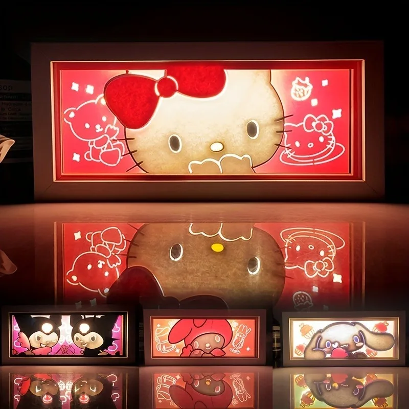 Kawaii Anime Sanrio Kuromi Hello Kitty Cinnamoroll Wood Light Box 3D Shadow Lamp and Night Light Room Decoration for Night Event