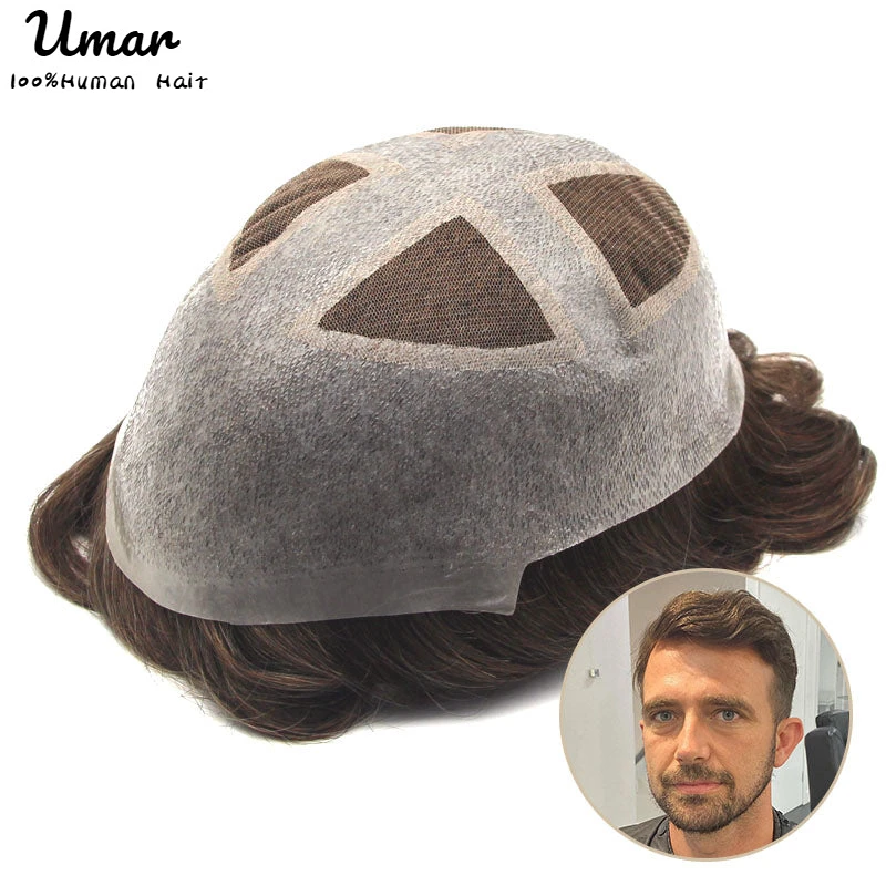 

Male Hair Prosthesis Breathable Lace Hair System with 0.08mm Poly Skin Around Perimeter and Cross Section in Center Men System